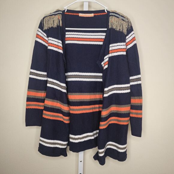 Vilagallo Navy Blue Multicolor Stripe Open Front Cardigan Fringe Shoulder S/M - Picture 11 of 16